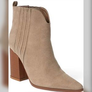 Tan nude cowboy cowgirl booties boots heels wood block heel suede